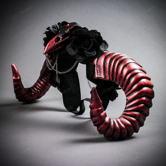 Gothic Demon Raven Skull Large Horn & Rose Headband - Black Red - Picture 2 of 4